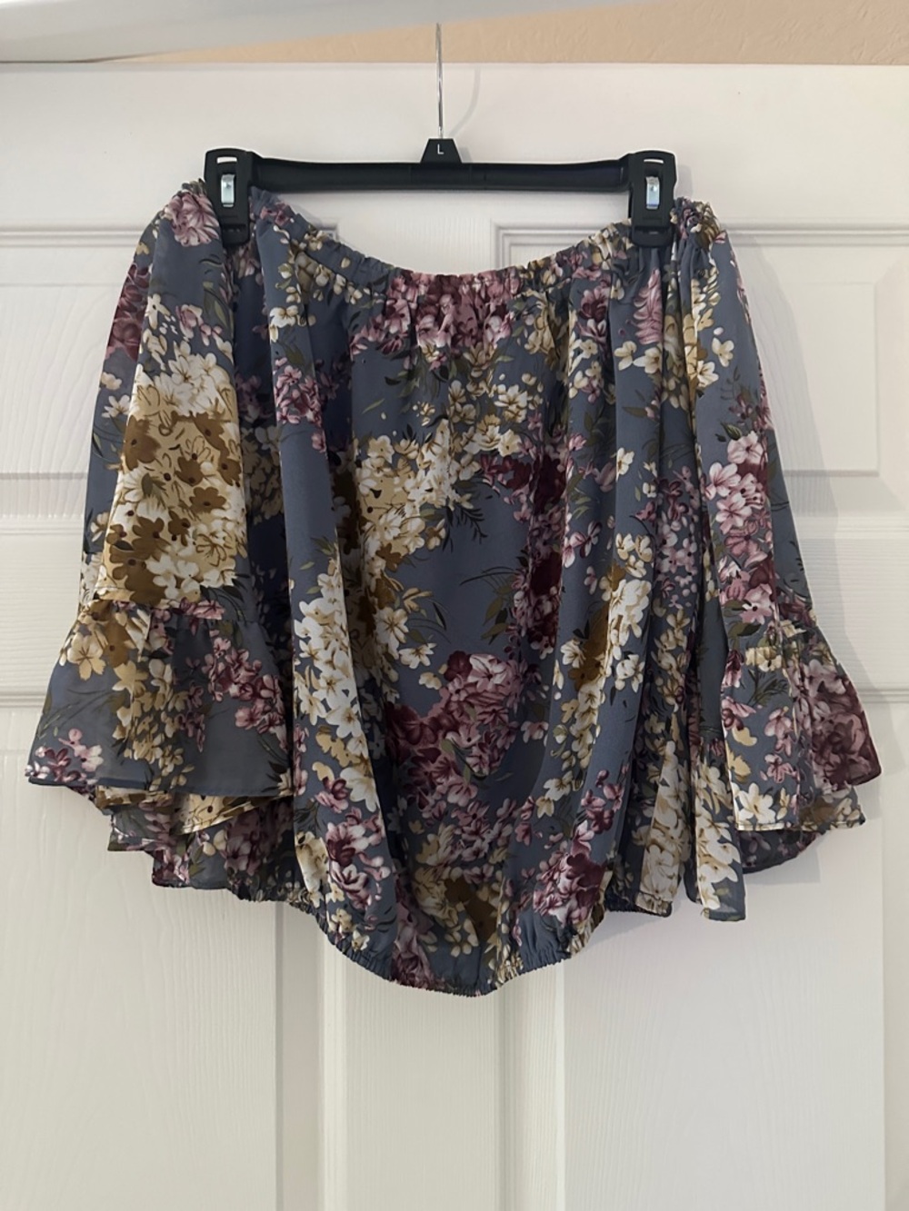 Floral Off-Shoulder Ruffle Top in Dusty Blue and Mauve